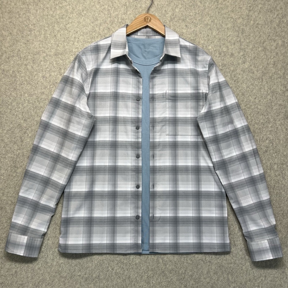 Lululemon Mens Large Plaid Button Up Shirt w Tee Bundle Gray Long Sleeve Casual